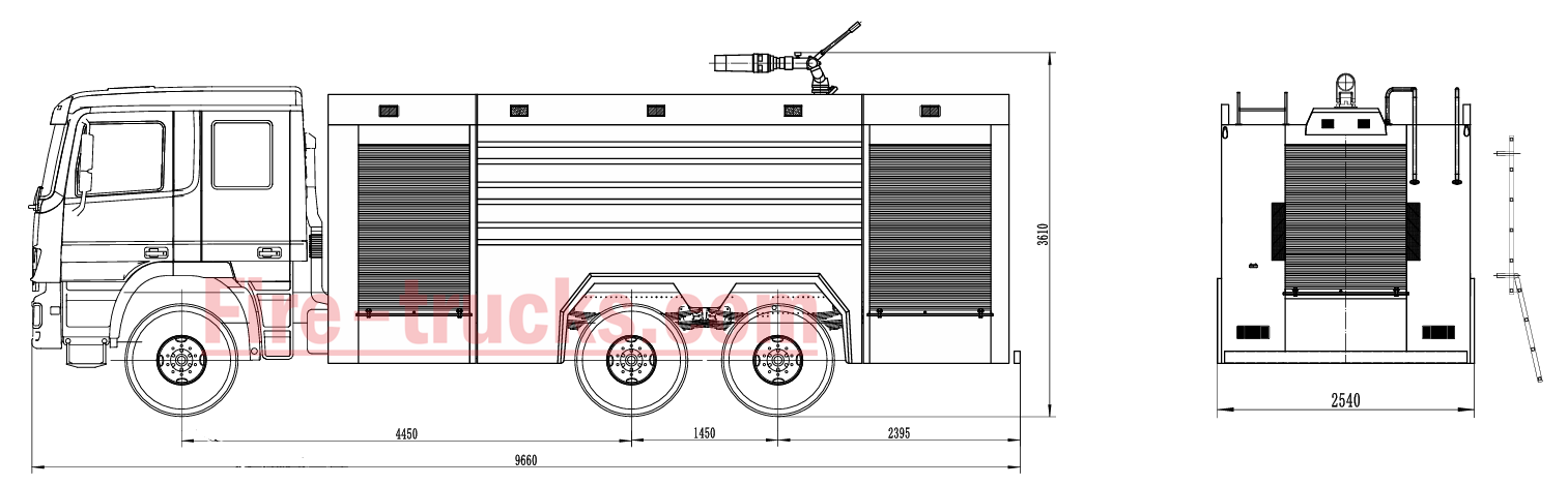 Technical drawing of BEIBEN 6x4 foam fire truck
